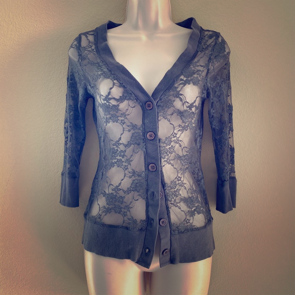 Grey Lace 3/4 Sleeve Cardigan